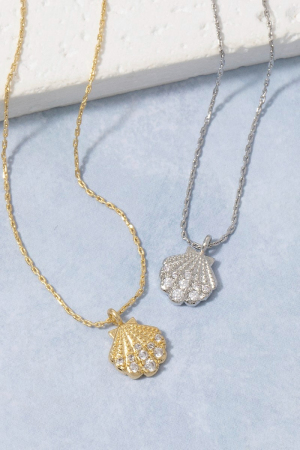 Gold Dipped Cz Seashell Pendant Necklace