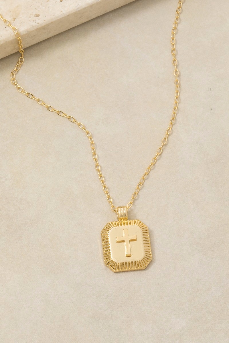 Gold Dipped Cross Square Medallion Pendant Necklace