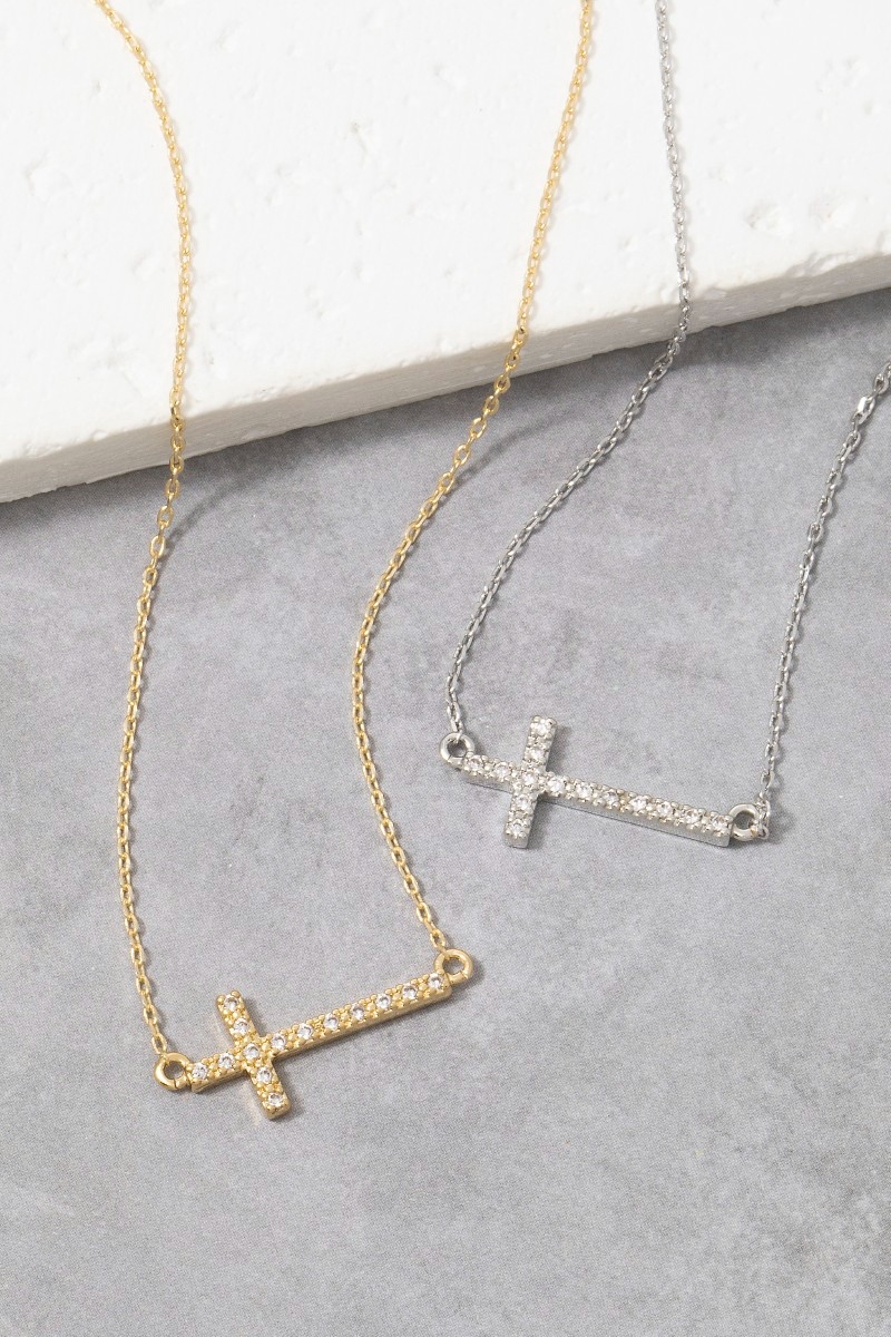 Gold Dipped Pave Thin Cross Pendant Necklace