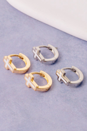 Gold Dipped Enamel Cross Huggie Hoop Earrings