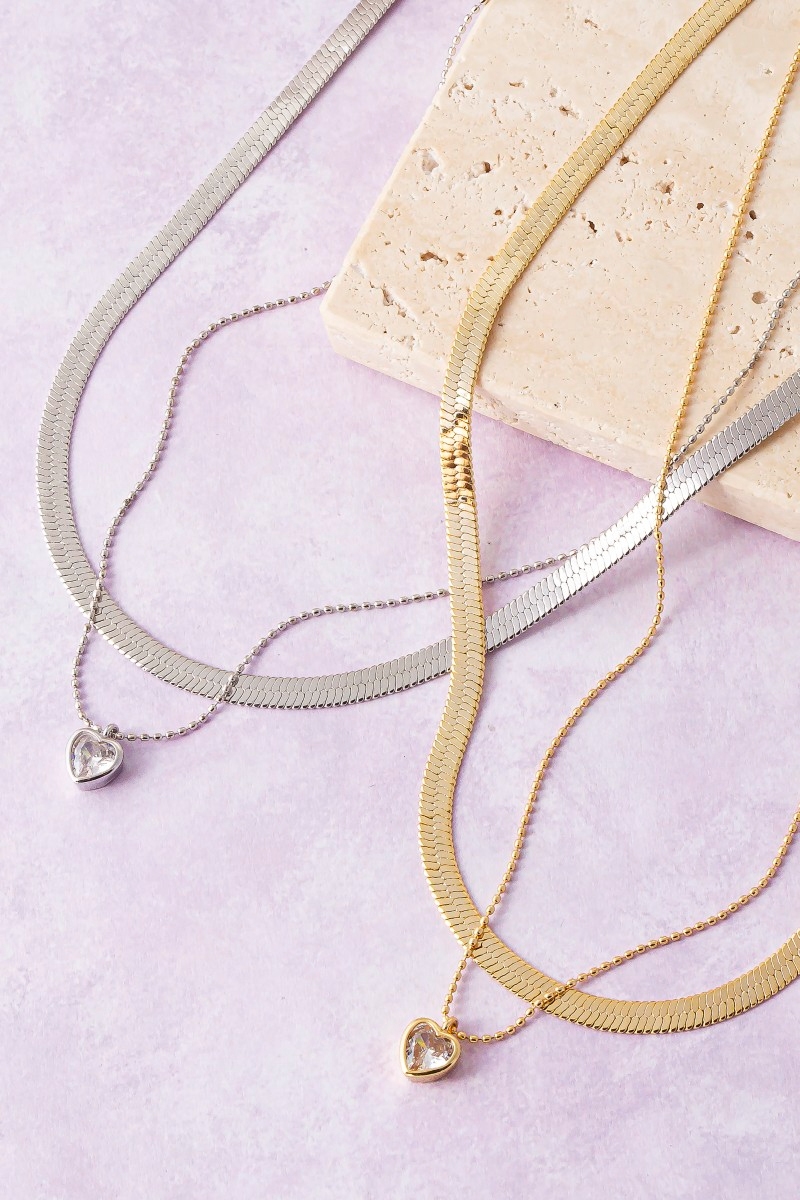 Double Herringbone Chain Cz Heart Pendant Necklace