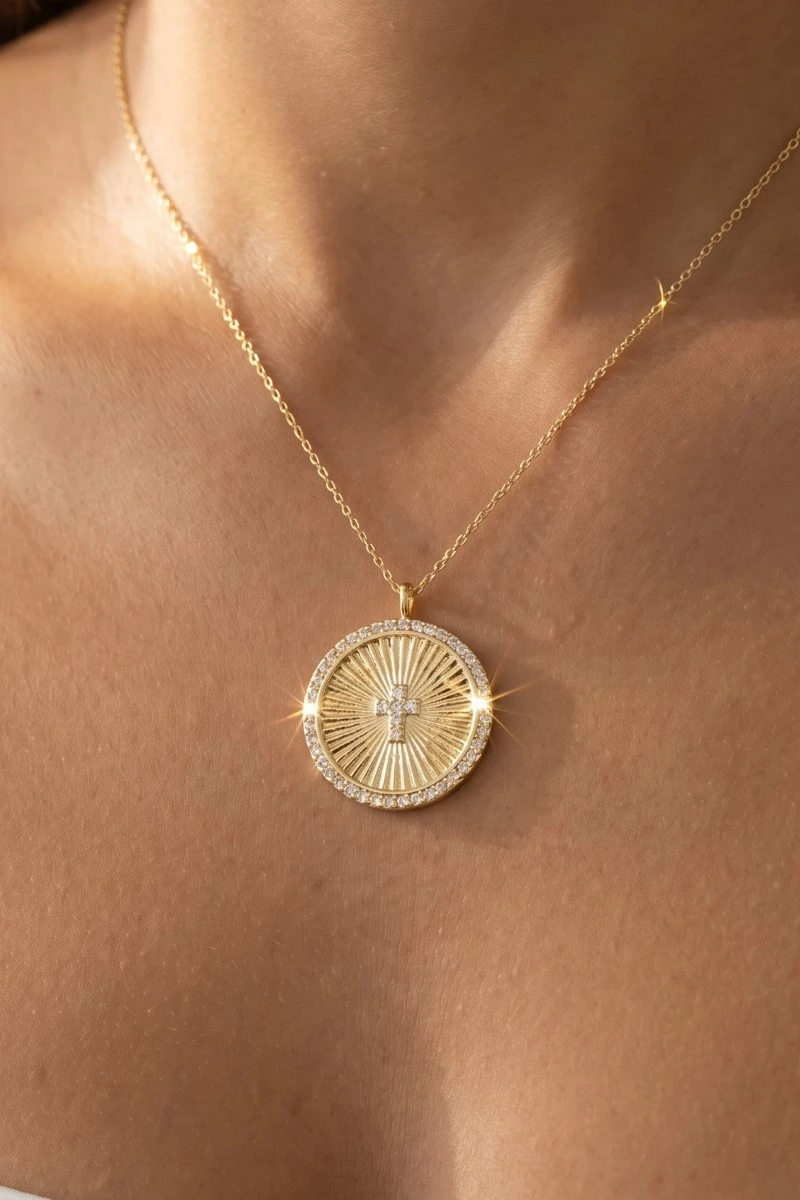 Gold Dipped Sunburst Cross Coin Cz Pave Pendant Necklace