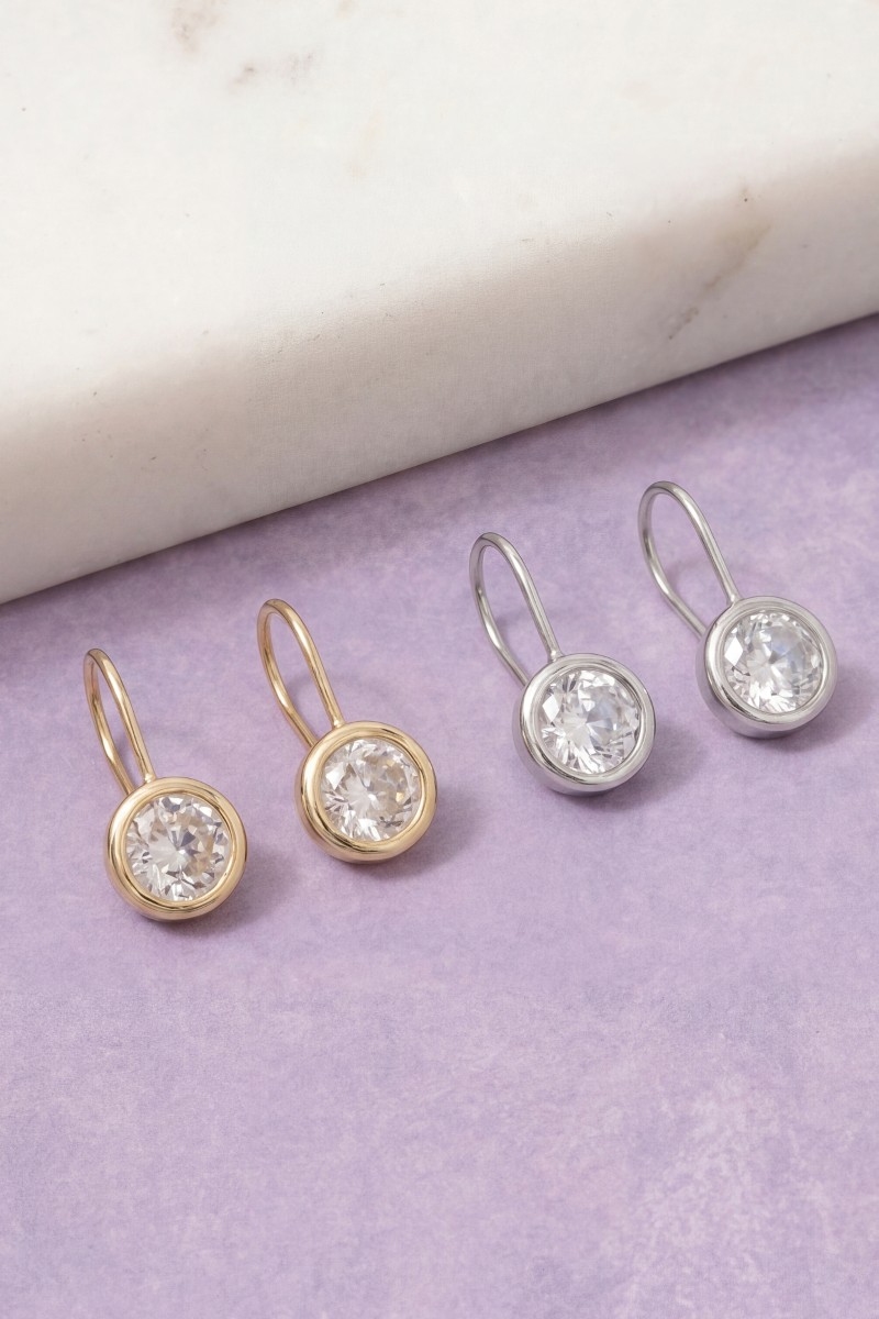 Round Cz Bezel Drop Earrings