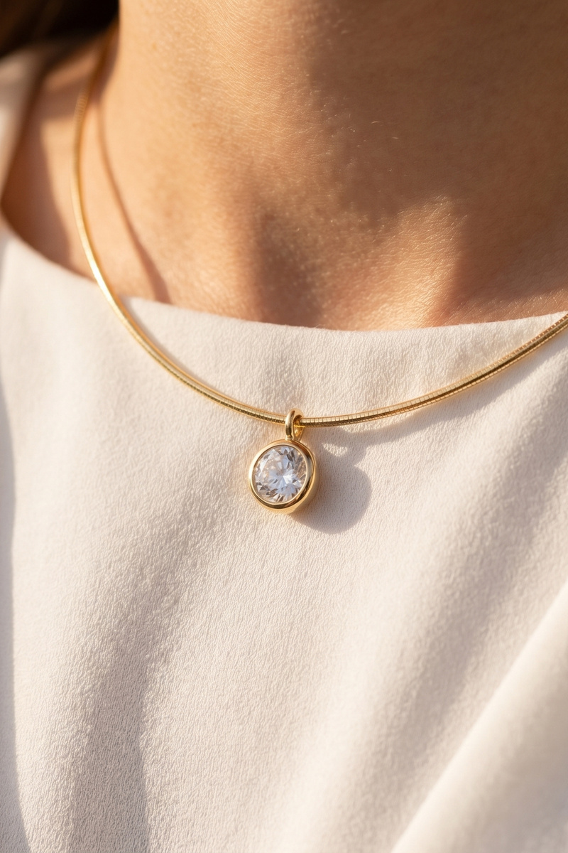 Wide Herringbone Chain Bezel Cz Pendant Necklace
