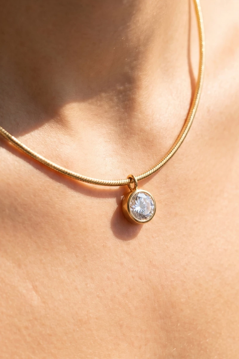 Gold Dipped Bezel Cz Pendant Snake Chain Necklace