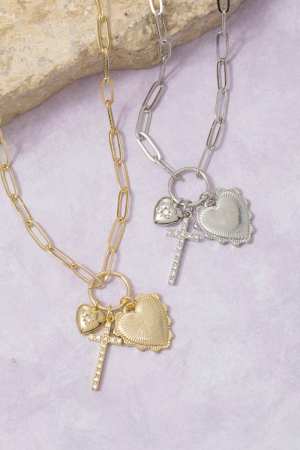 Multi-Charm Heart & Cross Paperclip Chain Necklace