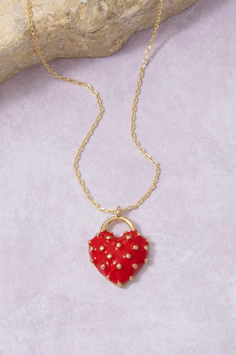 Red Enamel Studded Heart Padlock Pendant Necklace
