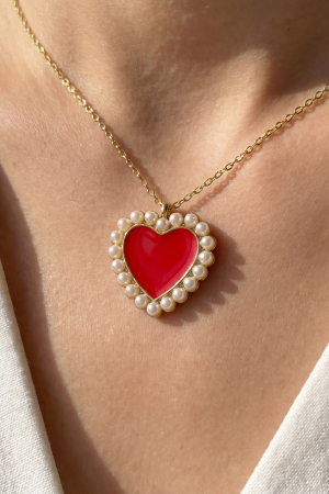 Gold Dipped Enamel Heart Pearl Pendant Necklace