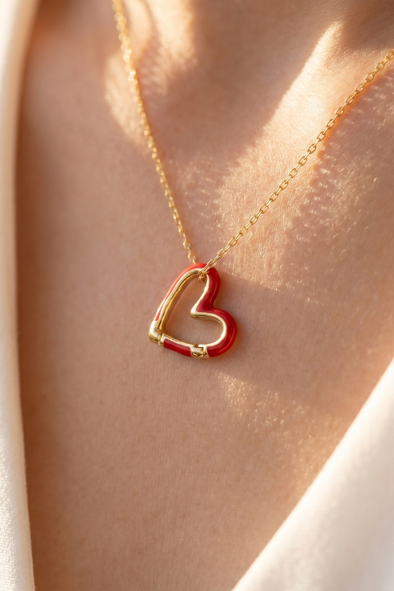 Gold Dipped Enamel Open Heart Pendant Necklace