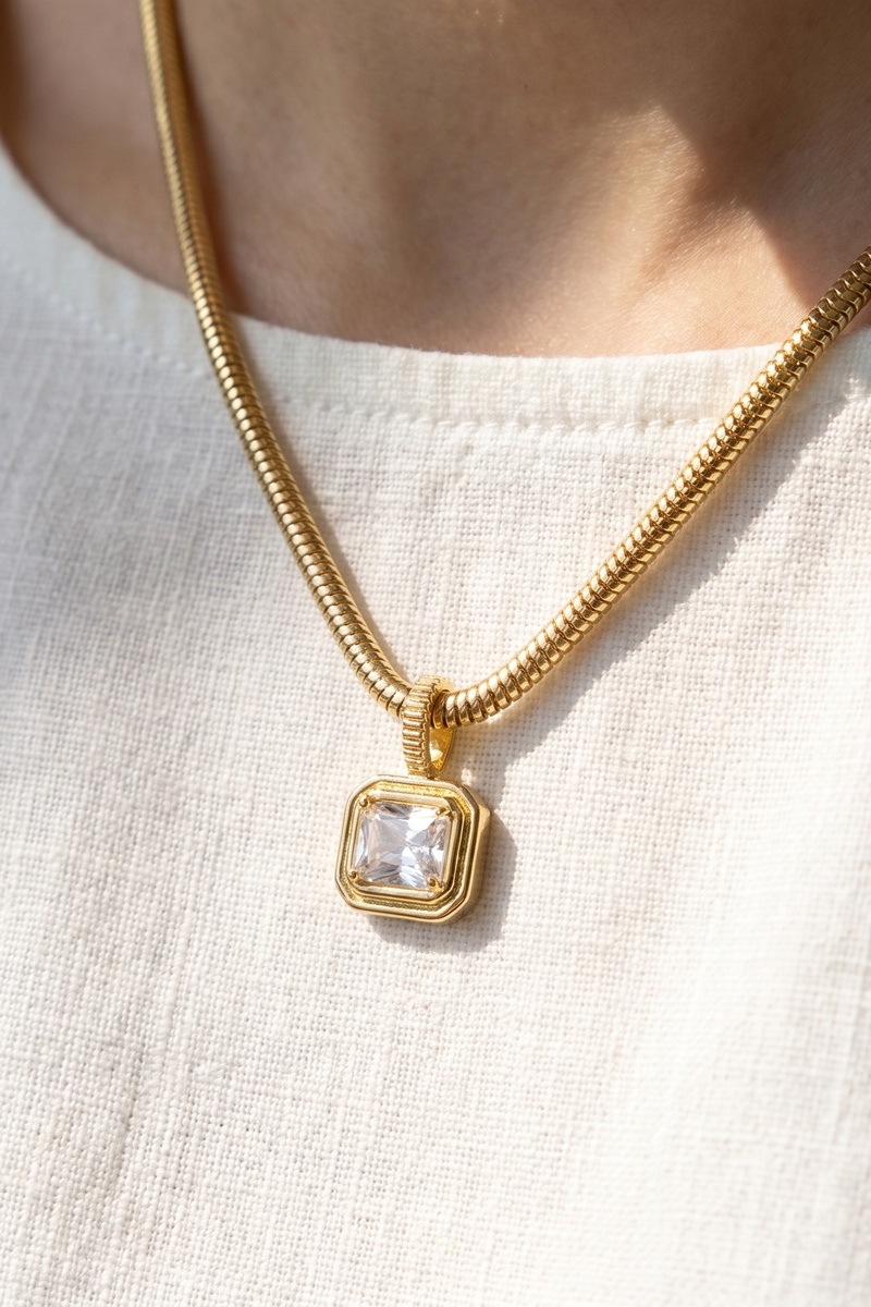 Step Cut Cz Bezel Herringbone Pendant Necklace