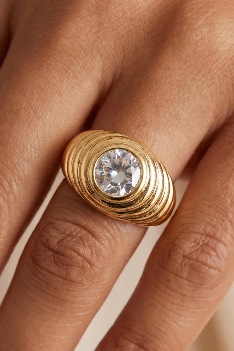 Ribbed Dome Round Bezel Cz Solitaire Ring