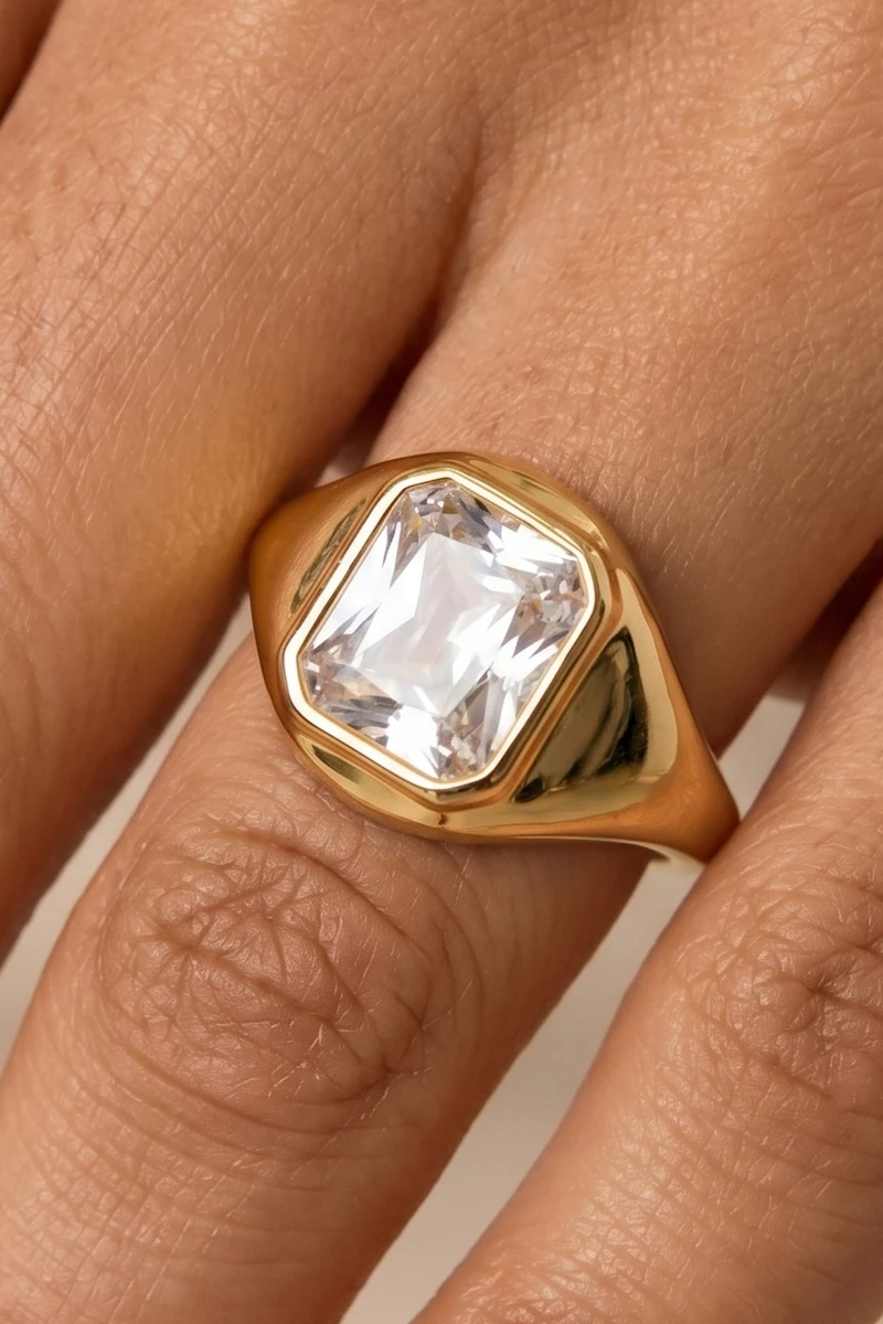 Gold Dipped Emerald Cut Bezel Cz Signet Ring