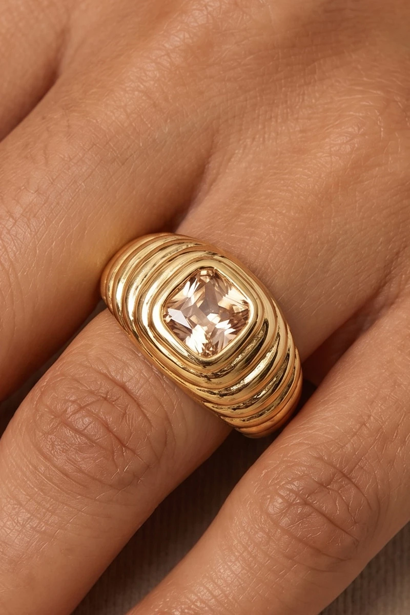 Ribbed Dome Cushion Cut Bezel Cz Solitaire Ring