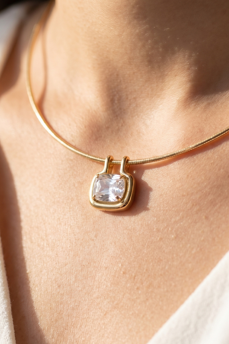Gold Dipped Slim Herringbone Cushion Cz Necklace