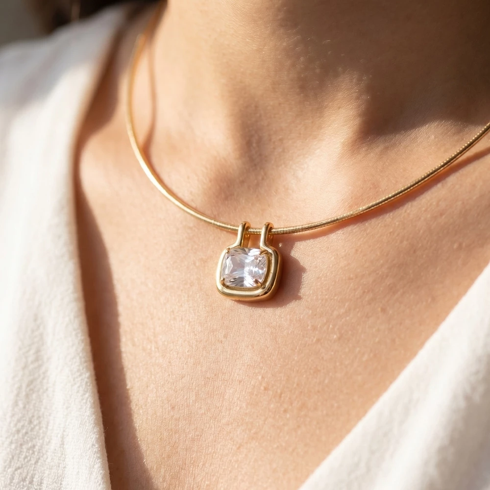 Gold Dipped Slim Herringbone Cushion Cz Necklace