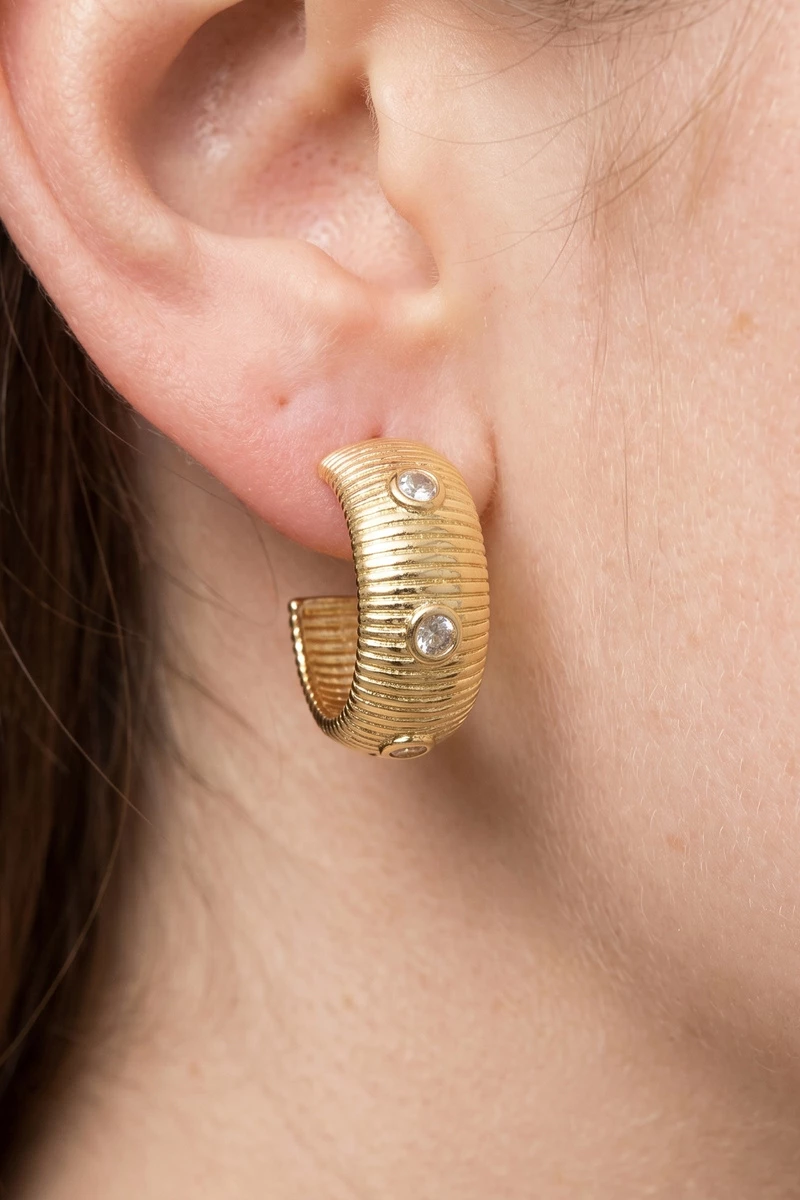 Gold Dipped Cz Ridged Hoop Earrings