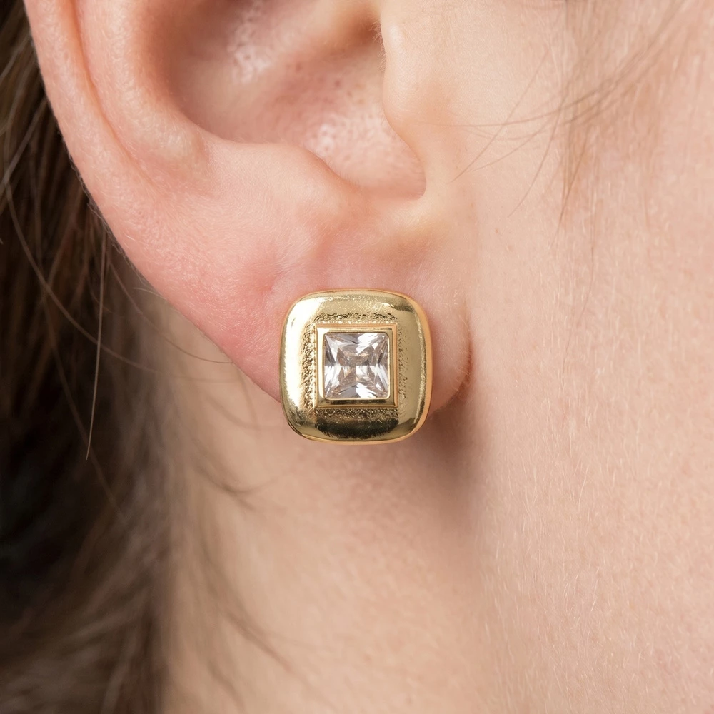 Gold Dipped Cushion Square Cz Stud Earrings