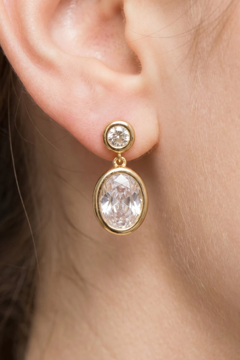 Gold Dipped Round And Oval Bezel Cz Drop Earrings