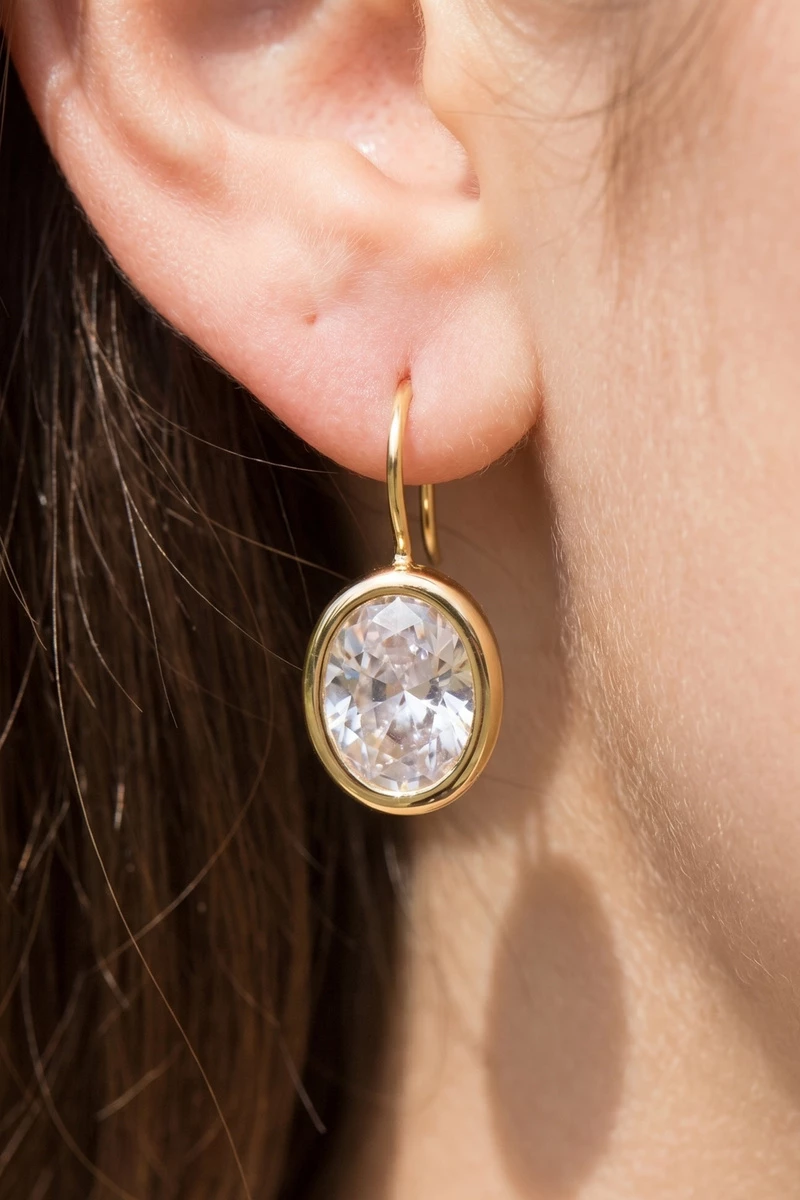 Gold Dipped Large Oval Bezel Cz Wire Drop Earrings