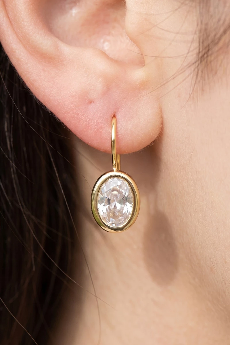 Gold Dipped Medium Oval Bezel Cz Wire Drop Earrings