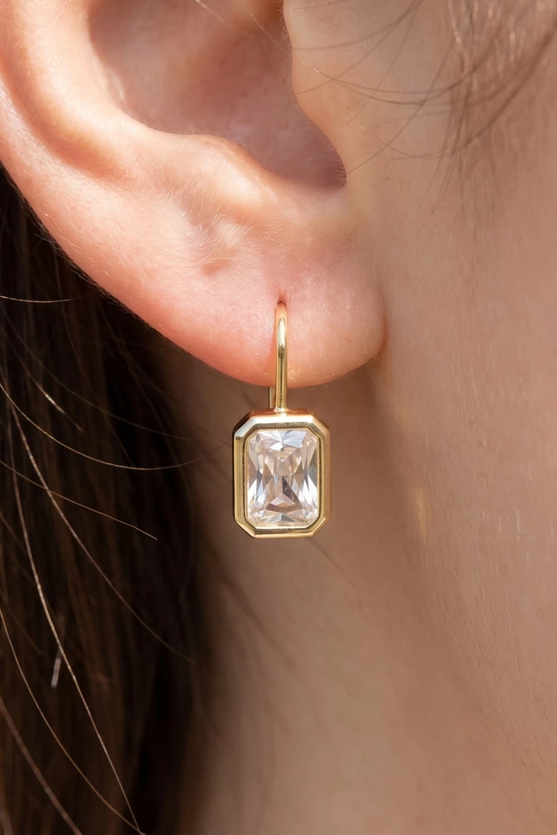 Gold Dipped Emerald Cut Bezel Cz Wire Drop Earrings