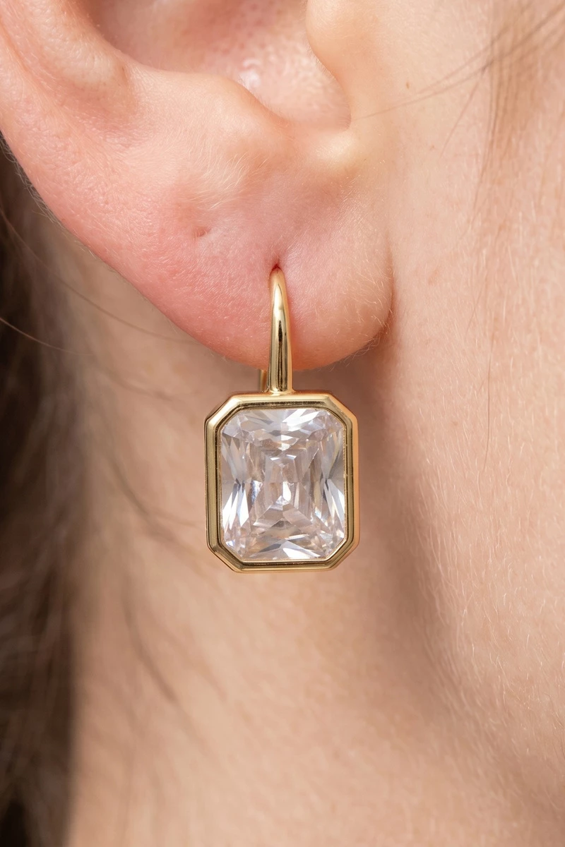 Gold Dipped Radiant Cut Bezel Cz Dangle Earrings