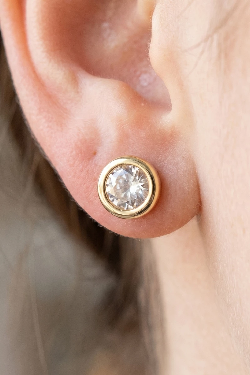 Gold Dipped Round Bezel Cz Stud Earrings