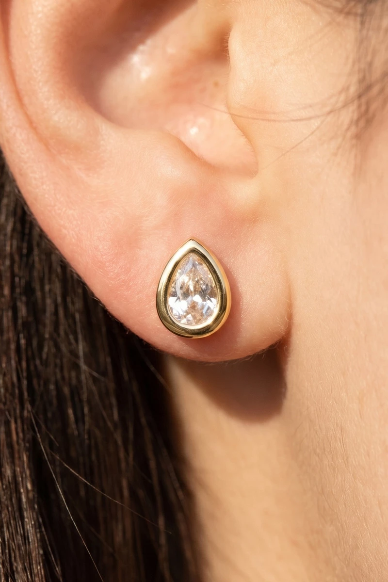 Gold Dipped Small Teardrop Bezel Cz Stud Earrings