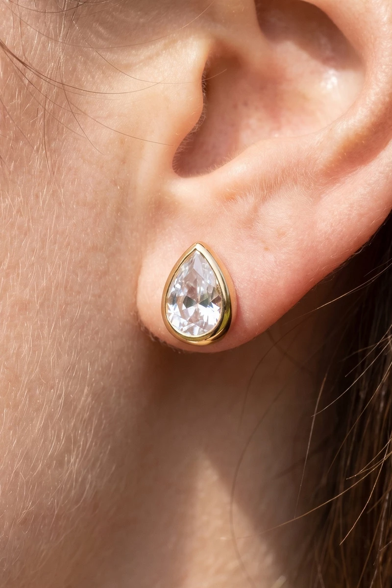 Gold Dipped Medium Teardrop Bezel Cz Stud Earrings