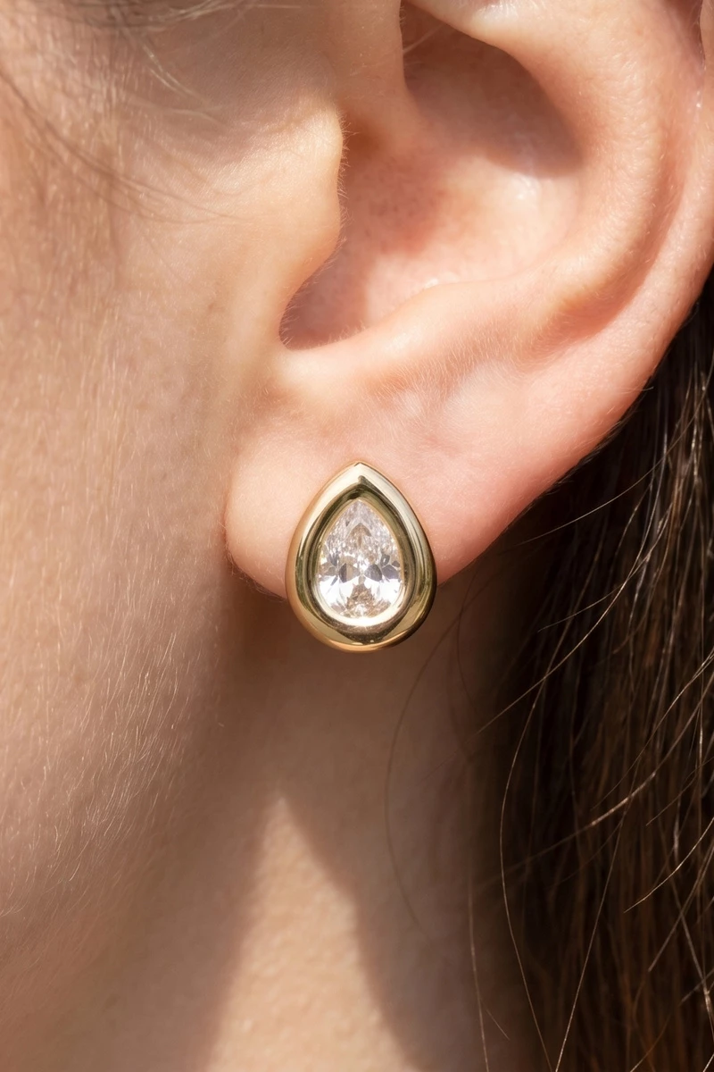 Gold Dipped Large Pear Cz Bezel Stud Earrings