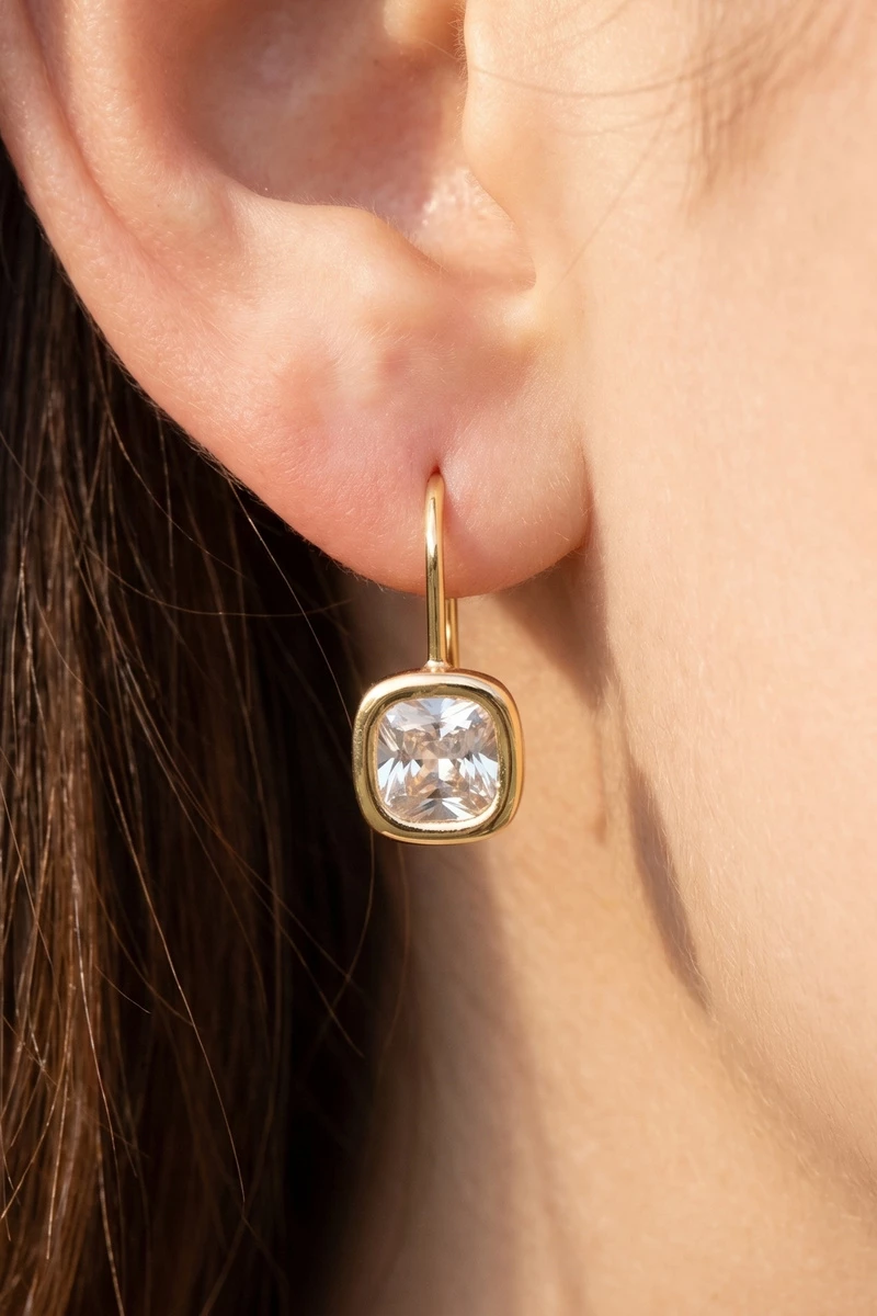 Gold Dipped Small Cushion Bezel Cz Wire Drop Earrings