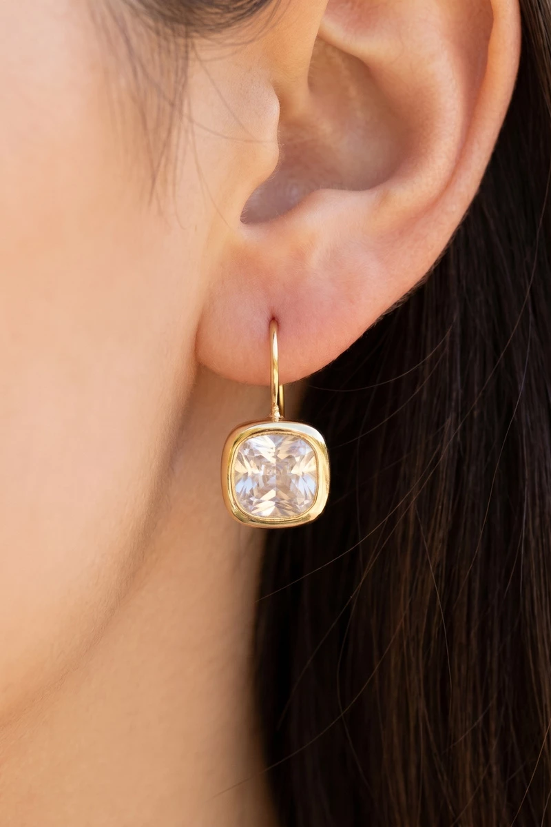 Gold Dipped Large Cushion Bezel Cz Wire Drop Earrings