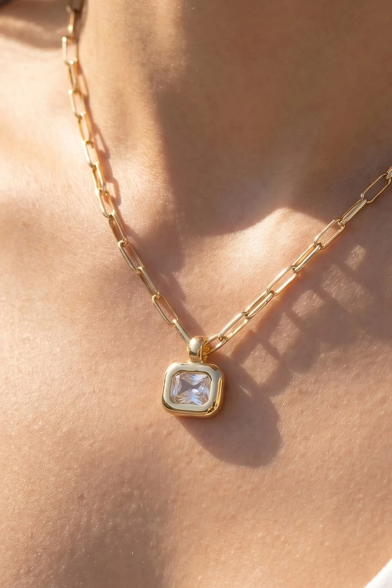 Gold Dipped Cz Emerald Cut Bezel Paperclip Necklace