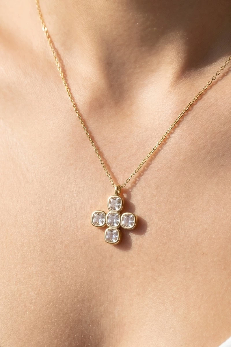 Gold Dipped Cz Bezel Set Cross Pendant Necklace