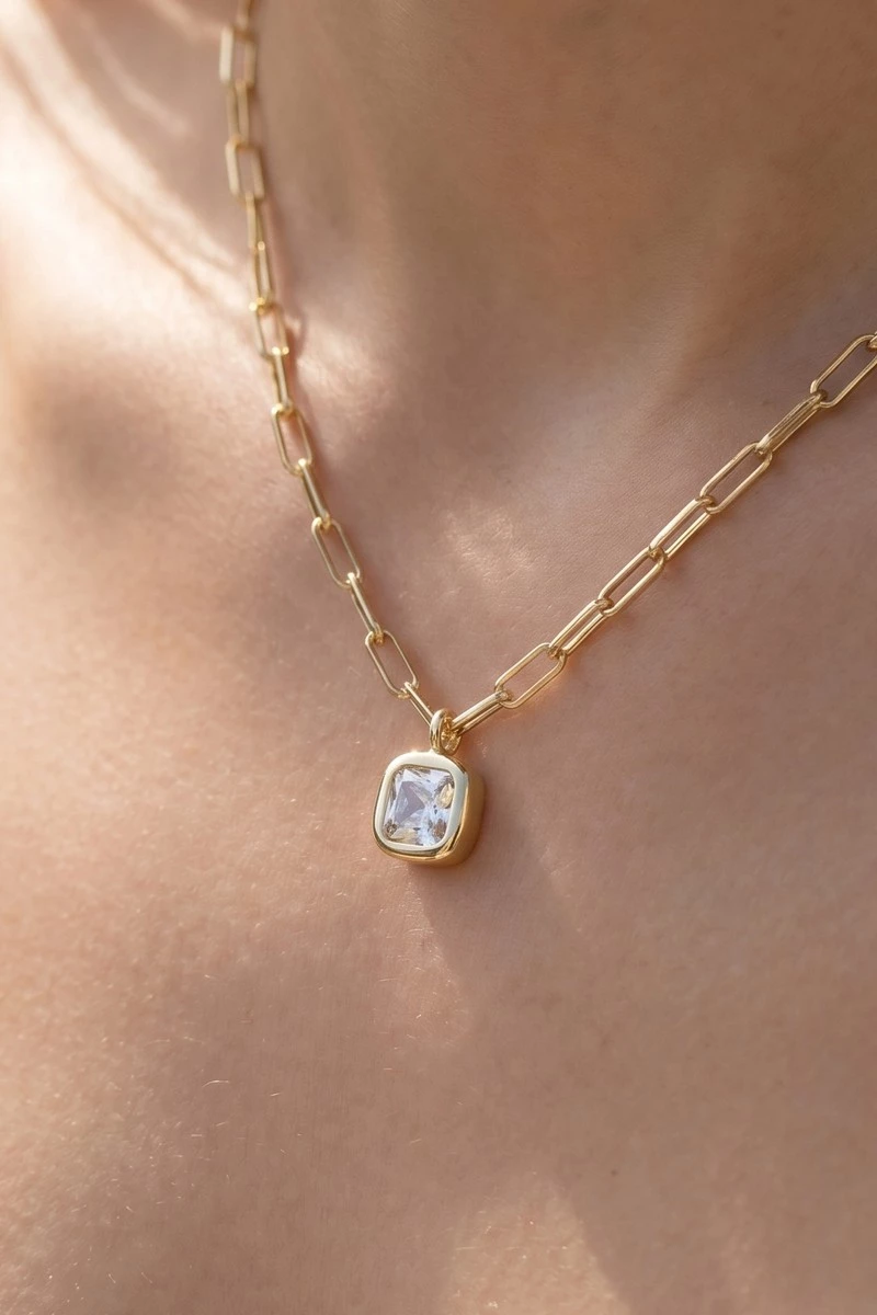 Gold Dipped Cz Cushion Cut Bezel Paperclip Necklace
