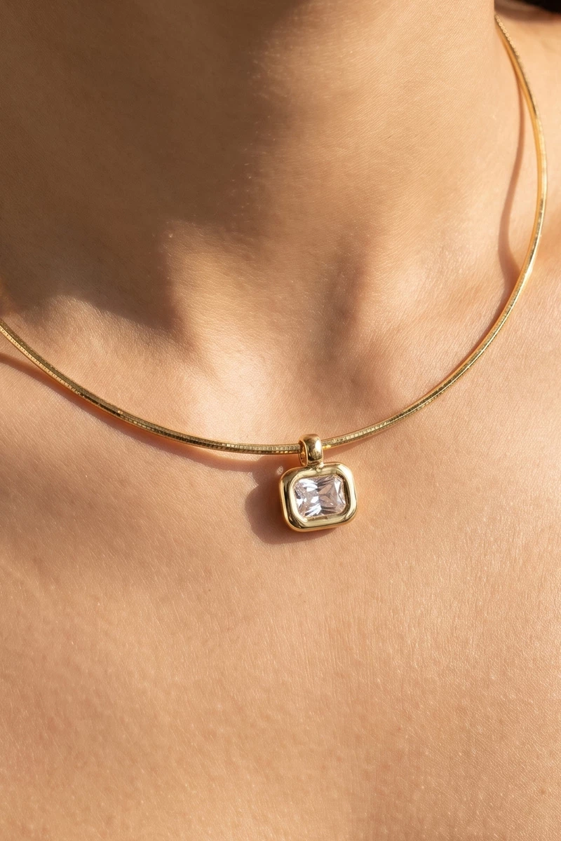 Gold Dipped Rectangular Bezel Cz Pendant Necklace