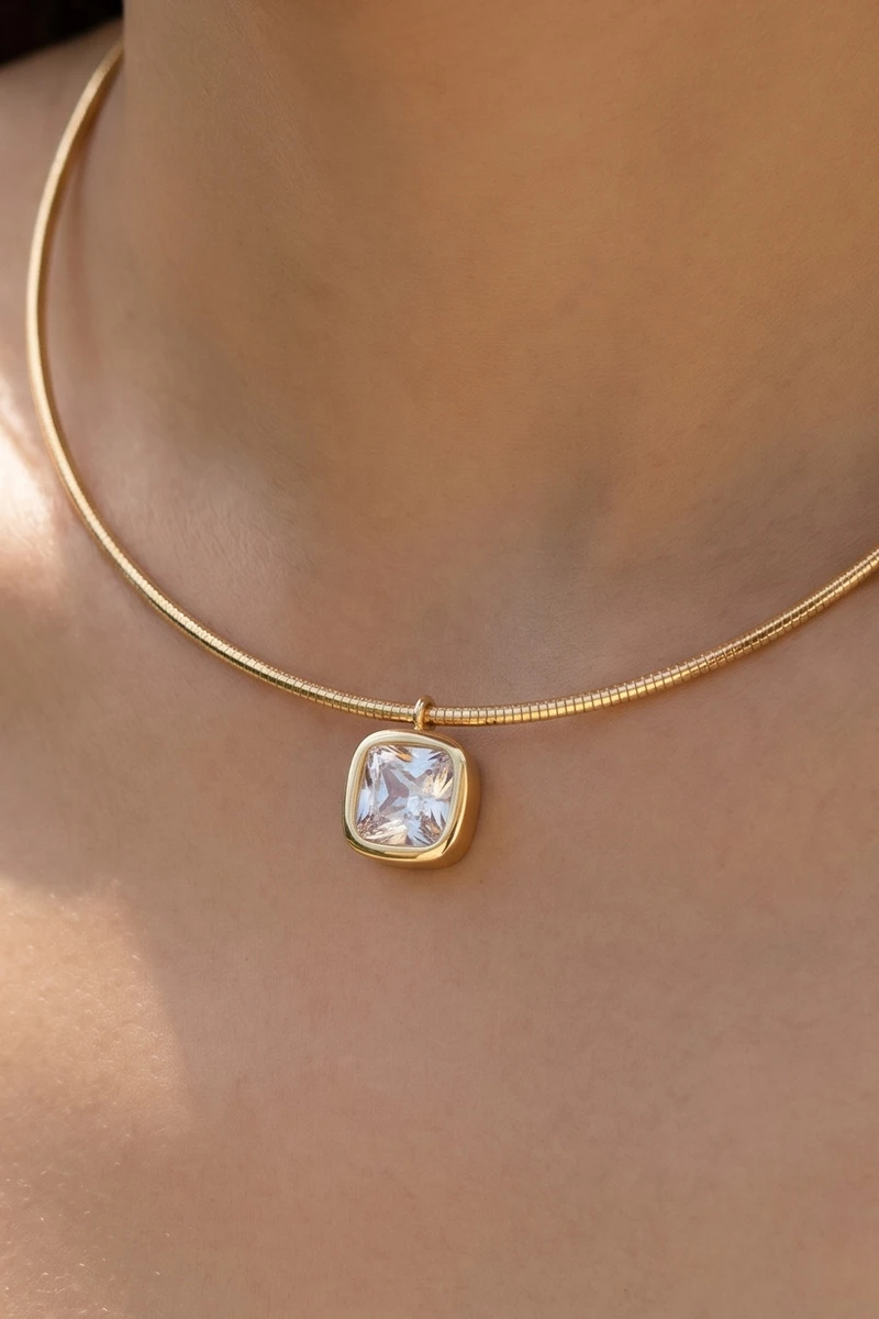 Gold Dipped Cushion Bezel Cz Pendant Snake Chain Necklace