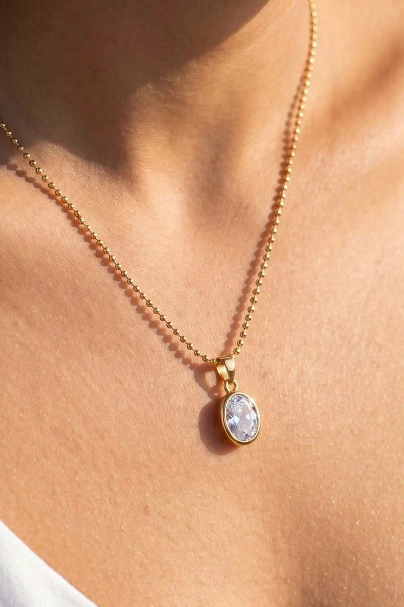 Gold Dipped Cz Oval Bezel Pendant Ball Chain Necklace