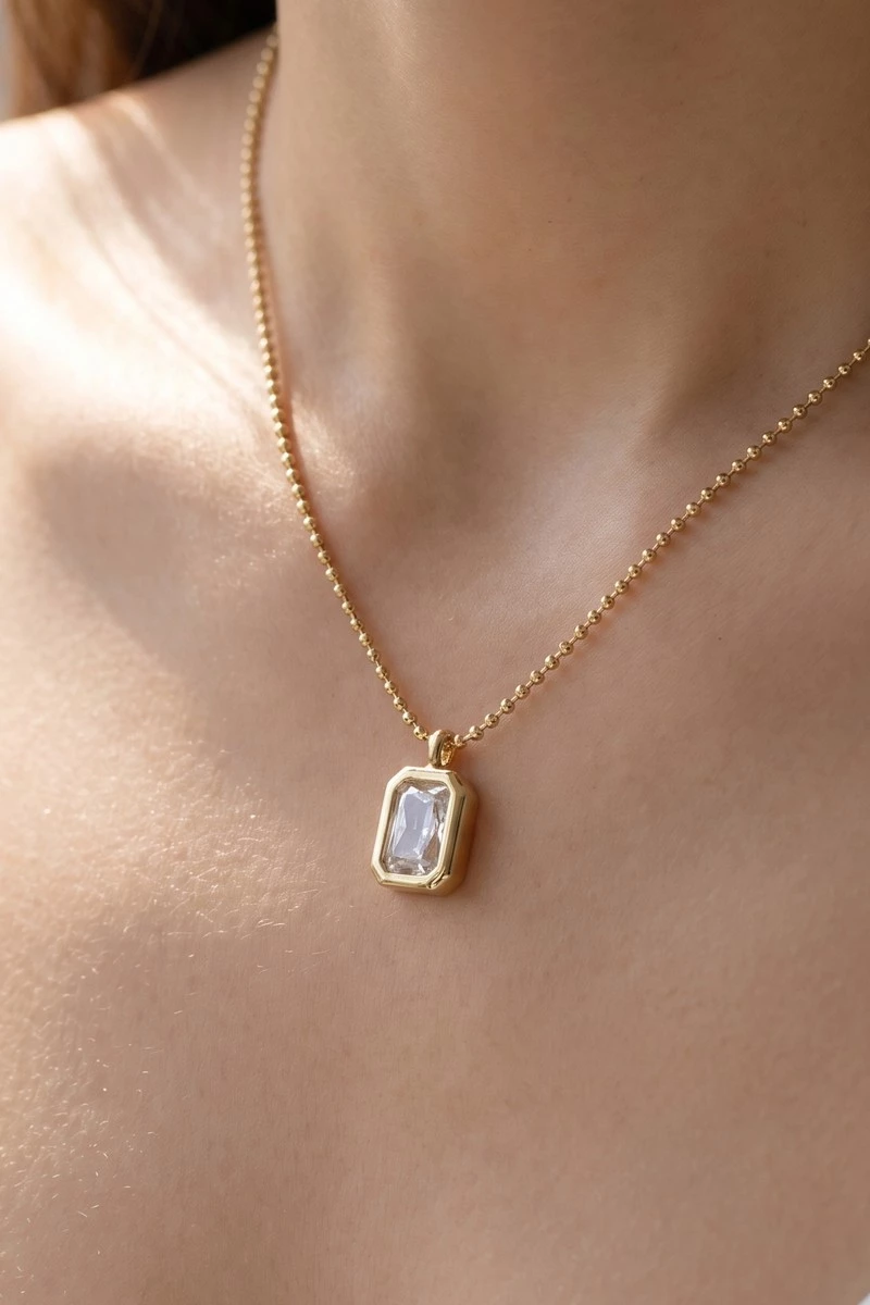 14K Gold Dipped Cz Emerald Cut Pendant Necklace