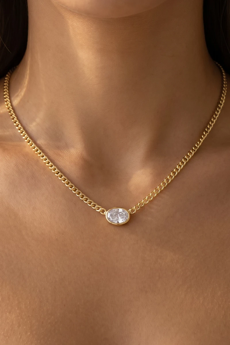 Oval Bezel Cz Curb Chain Pendant Necklace