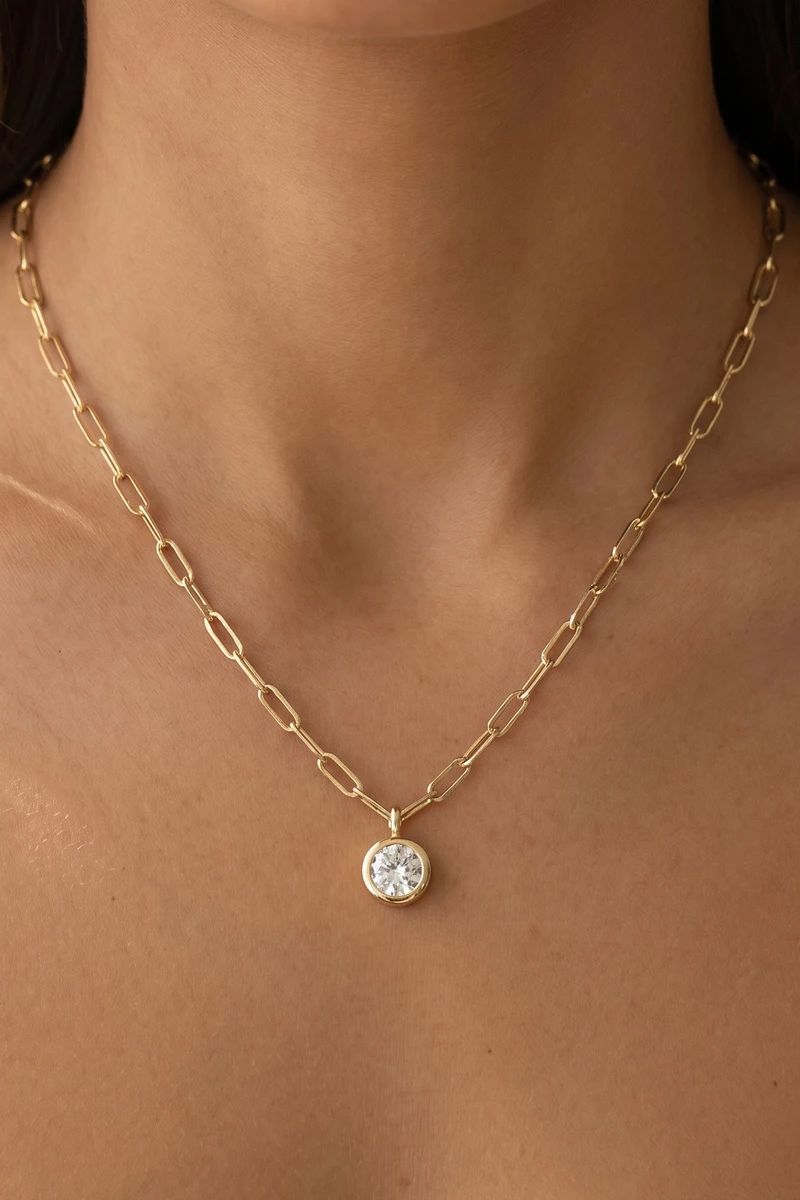 Round Bezel Cz Paperclip Chain Pendant Necklace