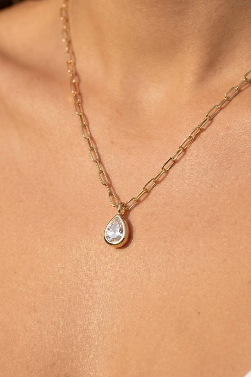 14K Gold Dipped Cz Teardrop Pendant Paperclip Necklace