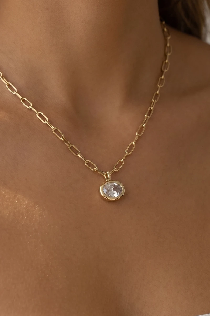 Large Oval Bezel Cz Paperclip Chain Pendant Necklace