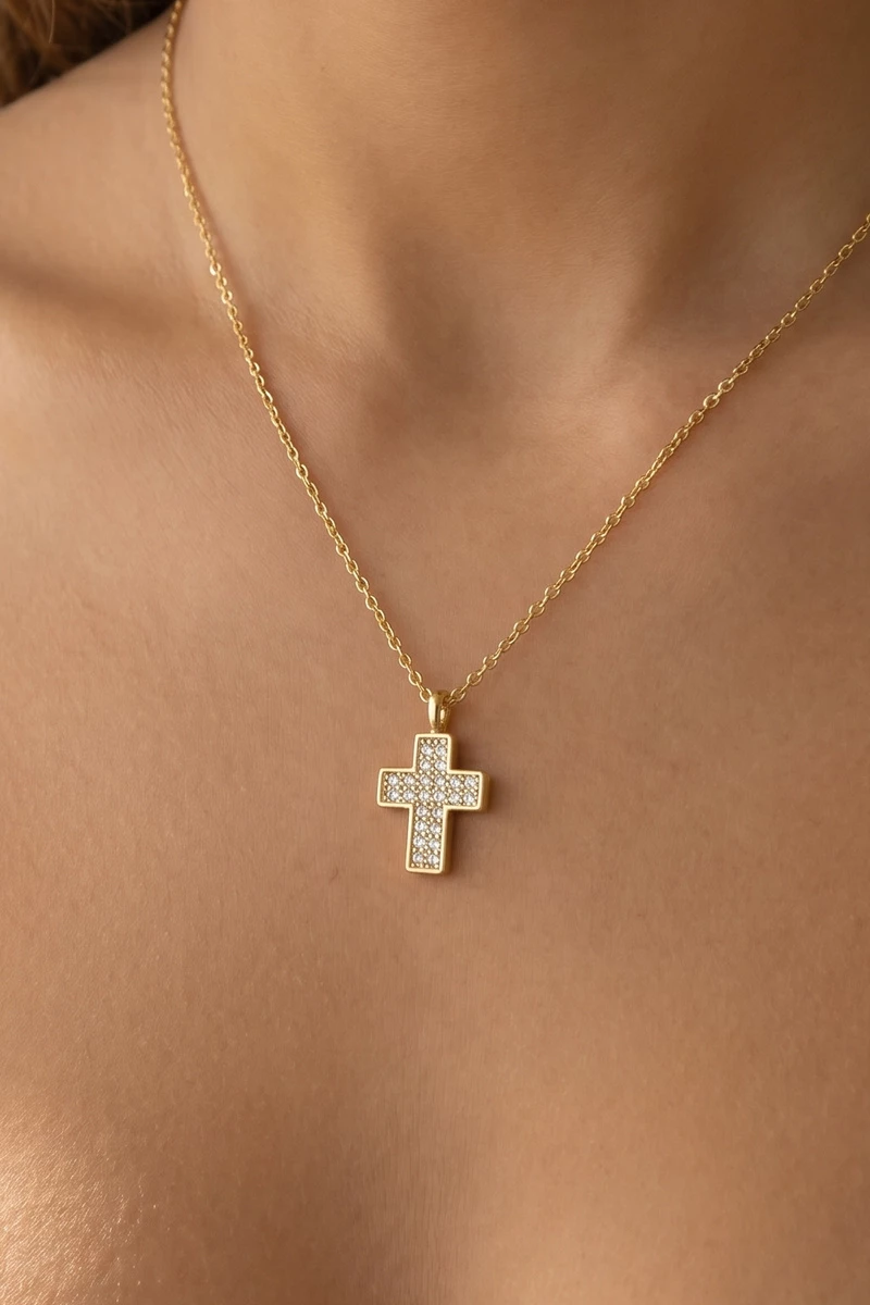 Gold Dipped Cz Pave Cross Pendant Necklace
