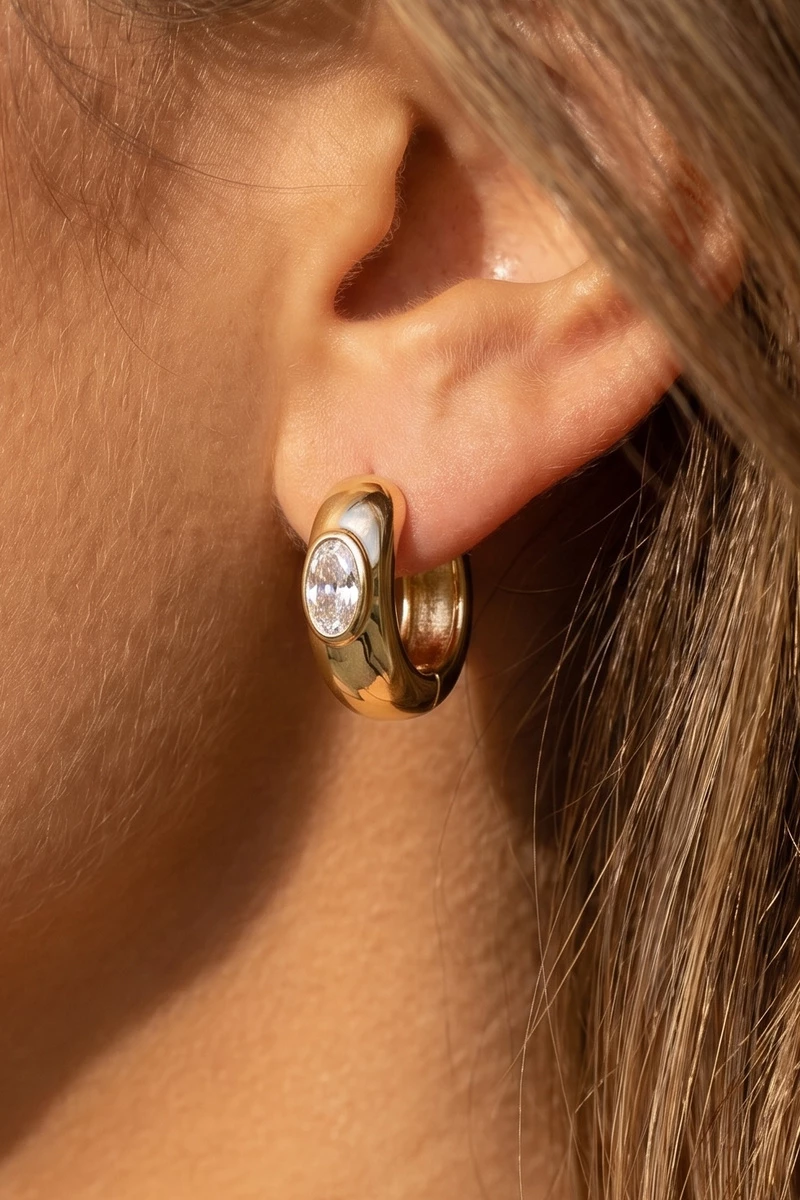 Round Bezel Cz Accent Chunky Huggie Hoop Earrings