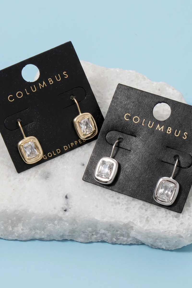 Emerald Cut Bezel Cz Drop Earrings