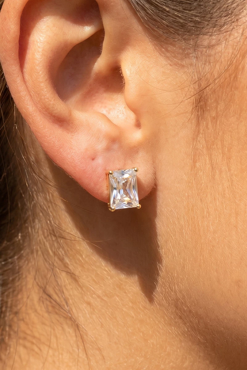 Large Emerald Cut Cz Prong Set Stud Earrings