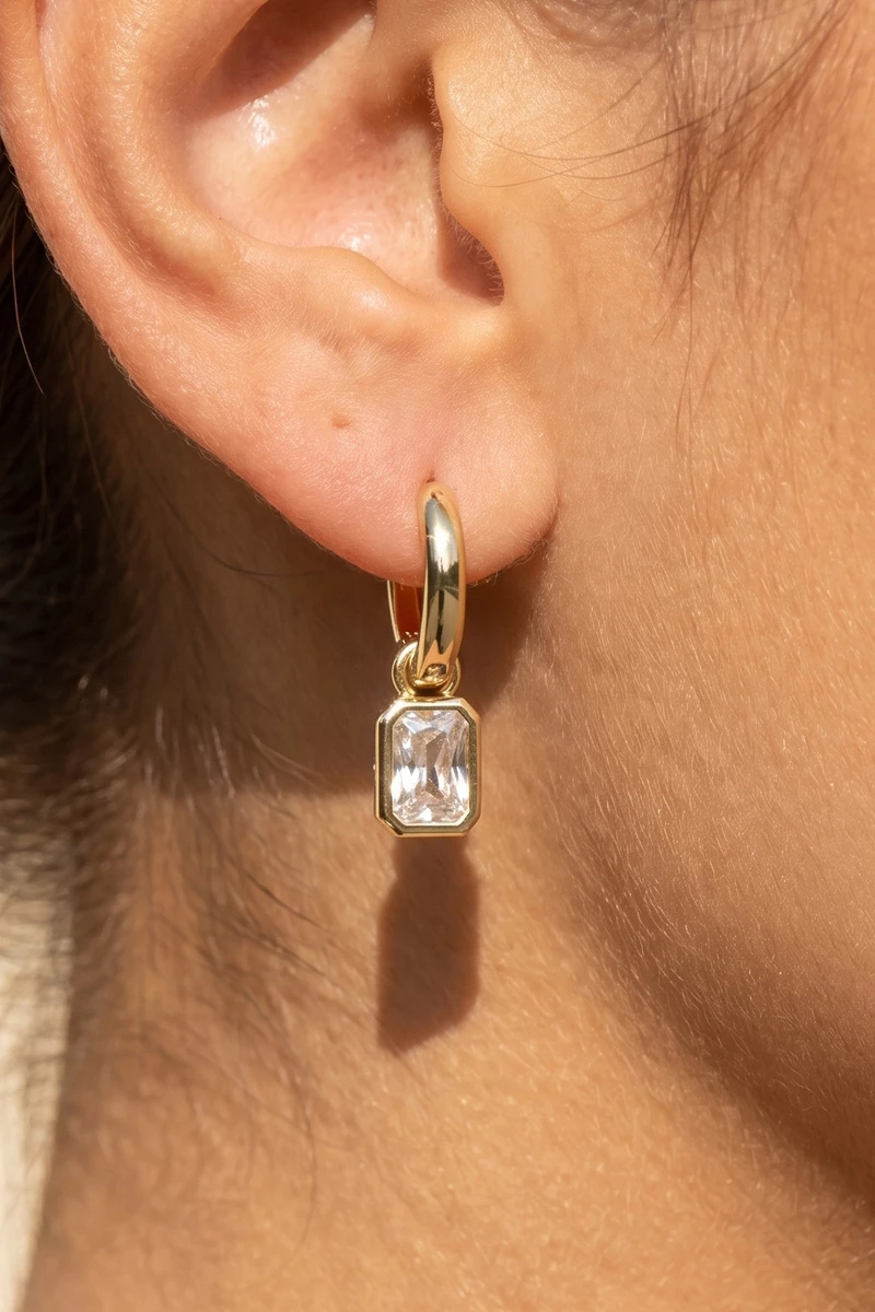 Huggie Hoop With Emerald Cut Bezel Cz Charm Earrings