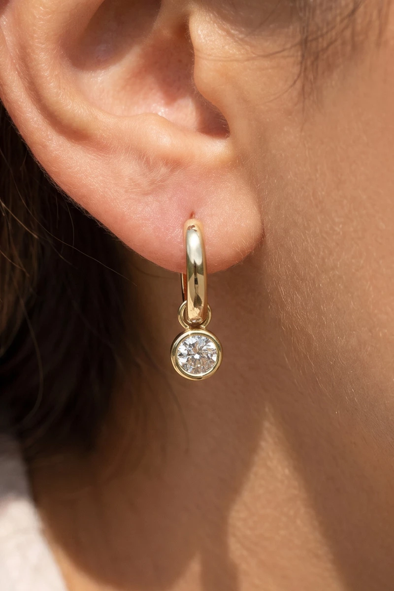 Huggie Hoop With Round Bezel Cz Drop Charm Earrings