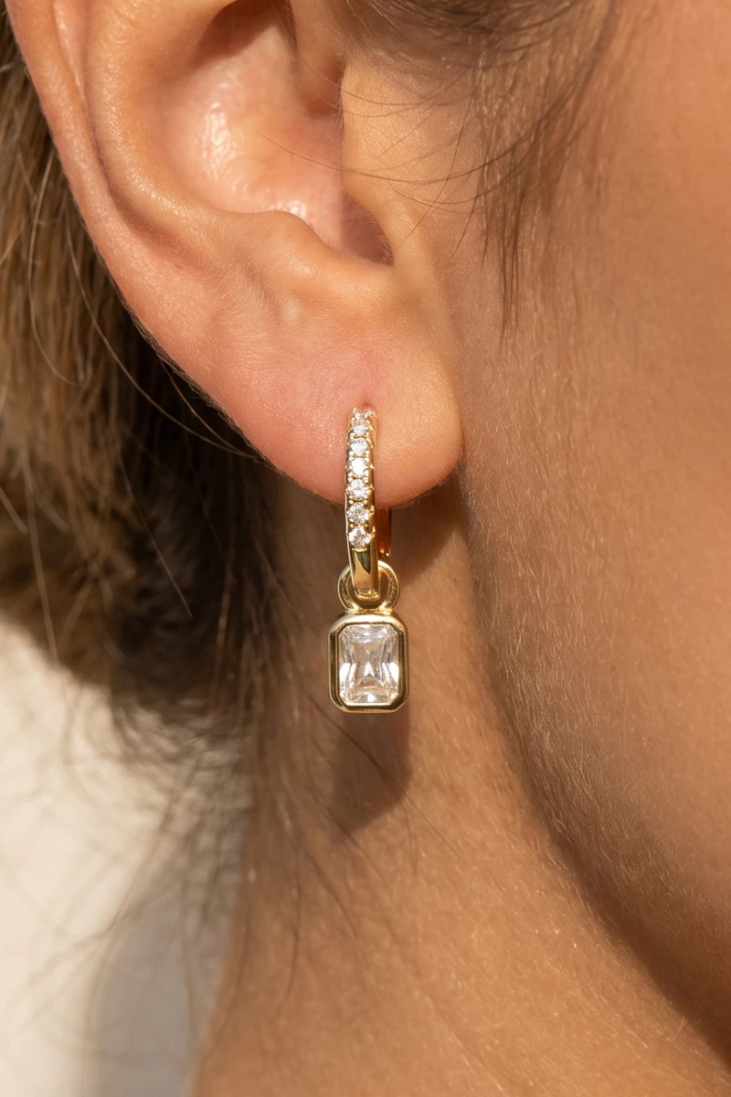 Pave Cz Huggie Hoop With Bezel Cz Charm Earrings